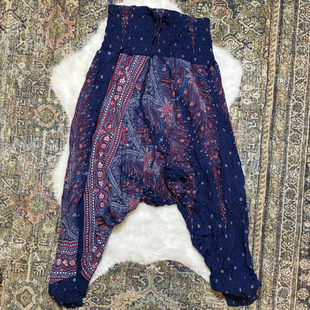 Banjamath XL Blue Paisley Peacock‎ Harem Pants Boho Hippie Yoga Rayon Women XL